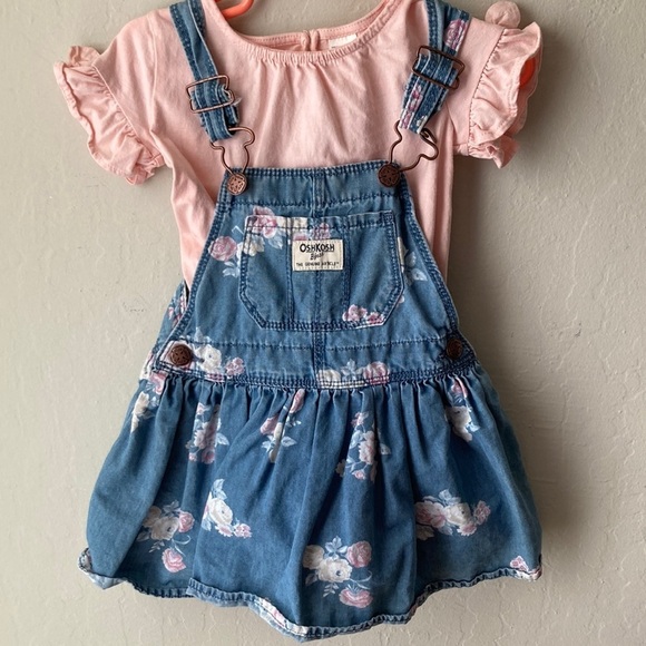 Oshkosh b’gosh Floral Print Overall Skirt Set w/ Pink Tee Size 2T - Picture 1 of 1
